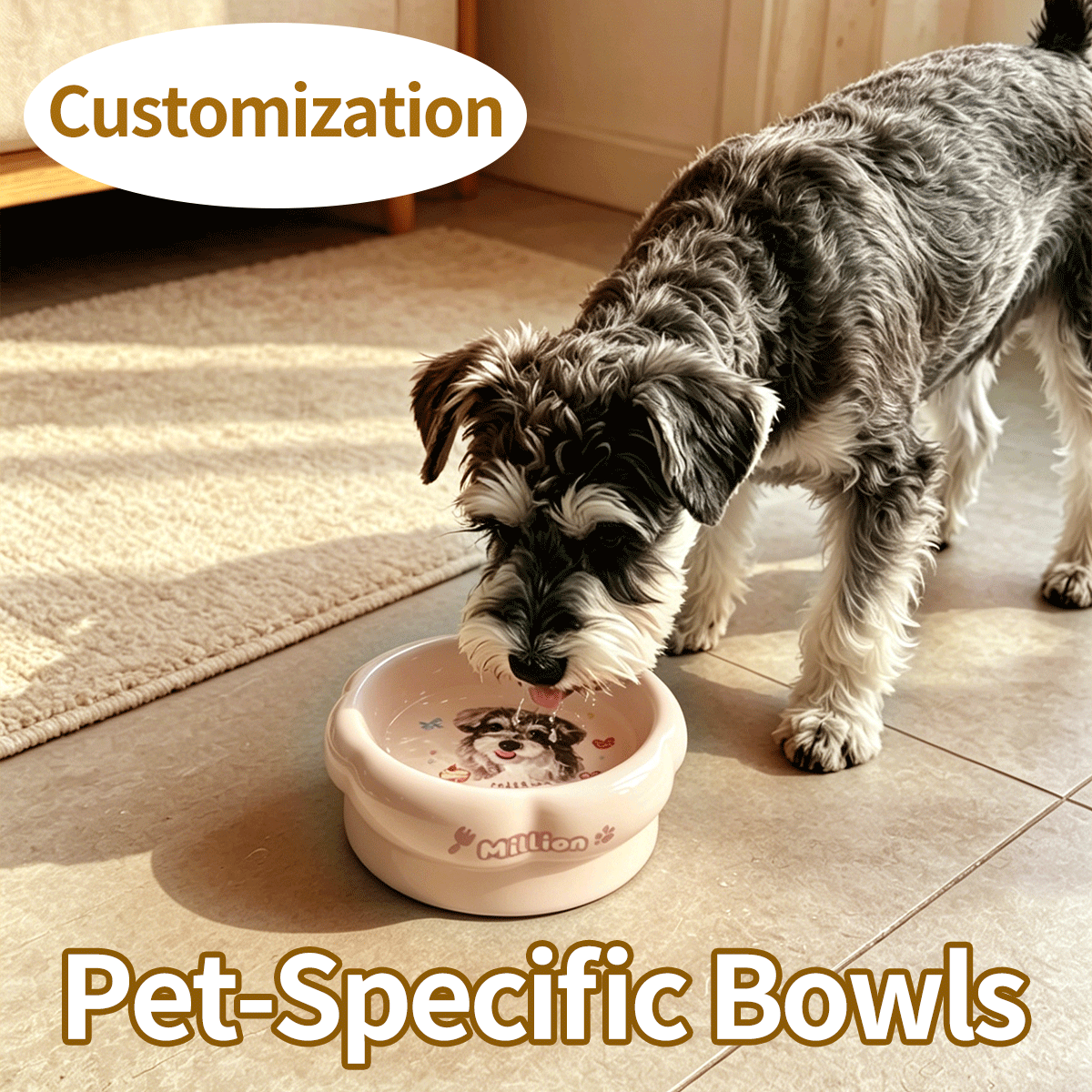 Personalized Ceramic Pet Bowl - Custom Illustrated Pet Portrait & Name, Unique Food/Water Feeder for Dogs & Cats