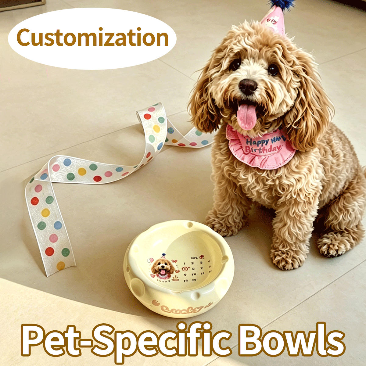 Personalized Ceramic Pet Bowl - Custom Illustrated Pet Portrait & Name, Unique Food/Water Feeder for Dogs & Cats
