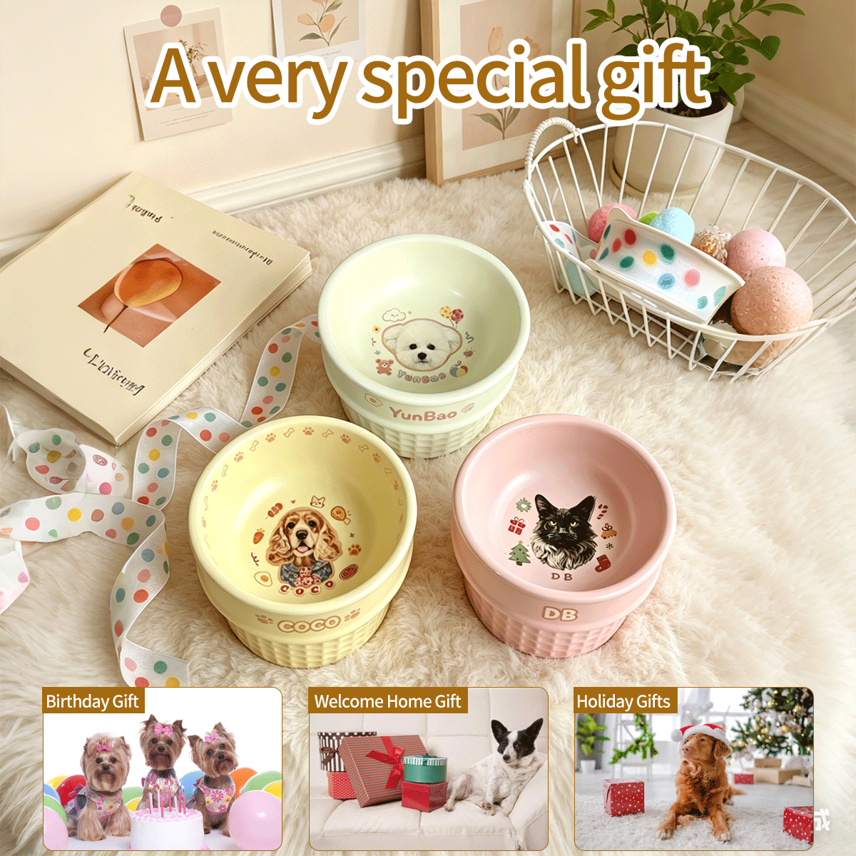 Personalized Ceramic Pet Bowl - Custom Illustrated Pet Portrait & Name, Unique Food/Water Feeder for Dogs & Cats