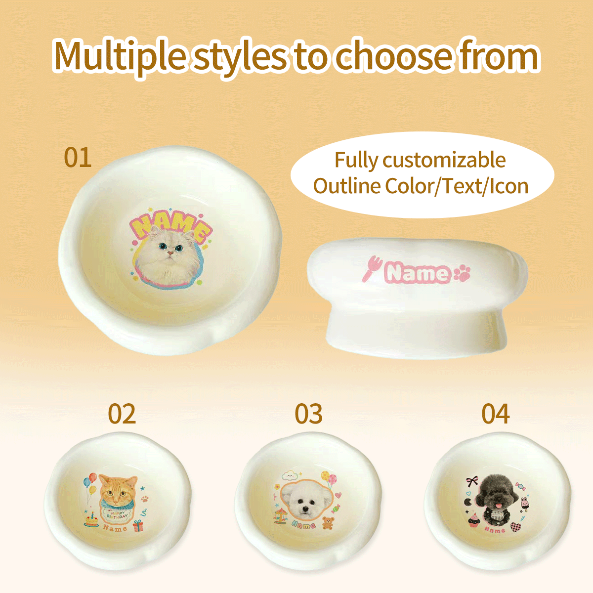 Personalized Ceramic Pet Bowl - Custom Illustrated Pet Portrait & Name, Unique Food/Water Feeder for Dogs & Cats