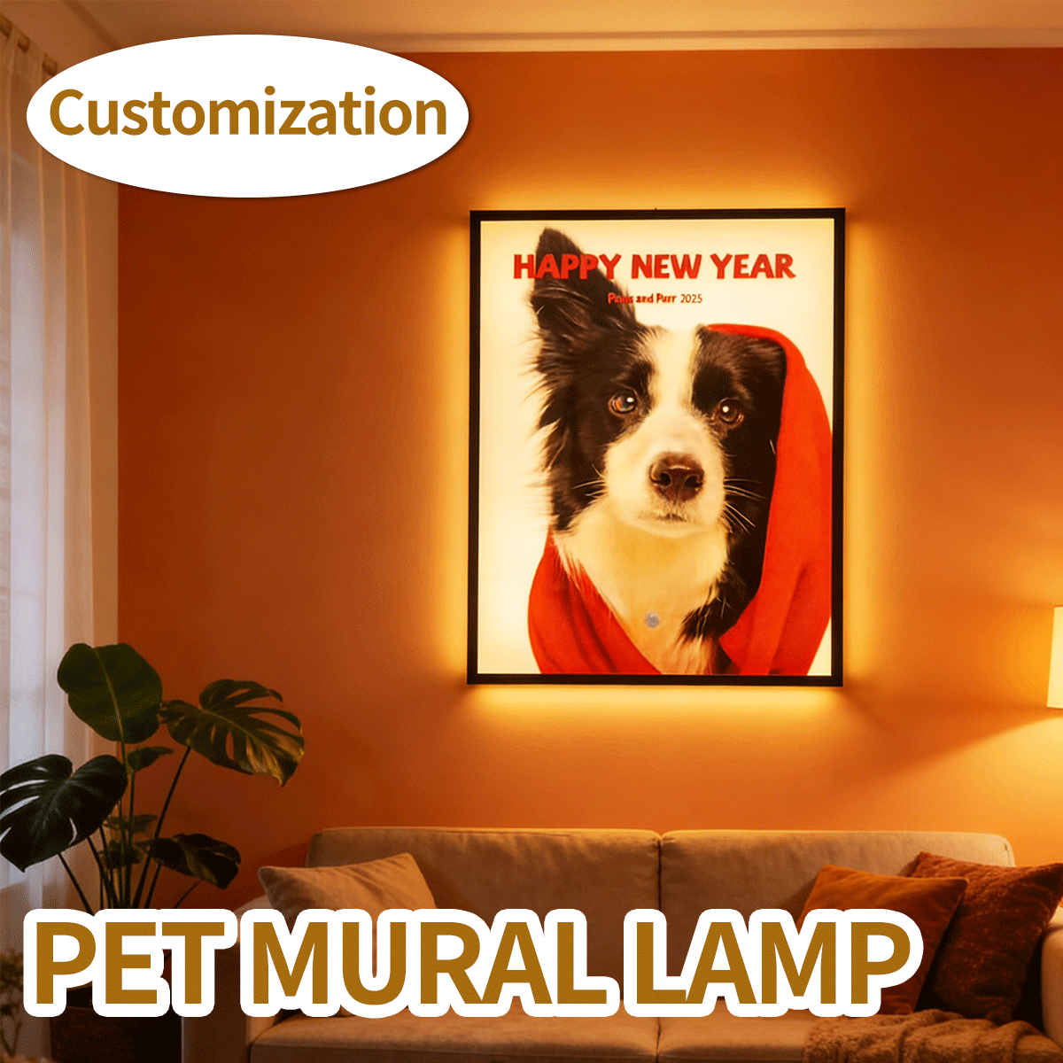 Custom Pet Photo Mural Lamp, Personalized Dog Cat Framed Wall Light, USB Rechargeable Motion Sensor Decor Lamp