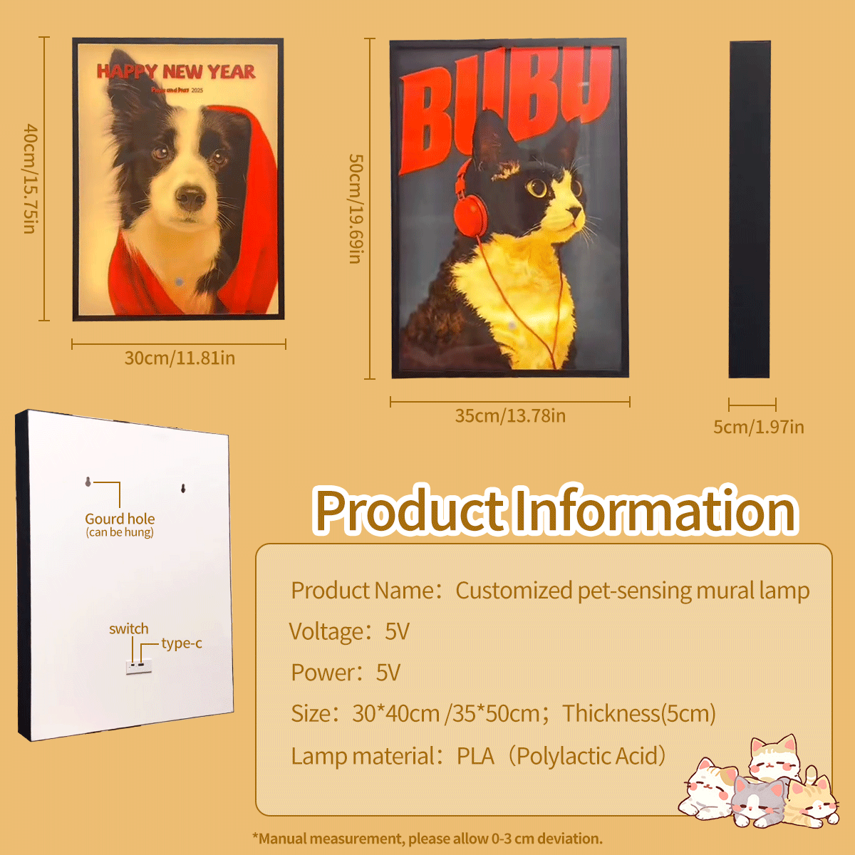 Custom Pet Photo Mural Lamp, Personalized Dog Cat Framed Wall Light, USB Rechargeable Motion Sensor Decor Lamp