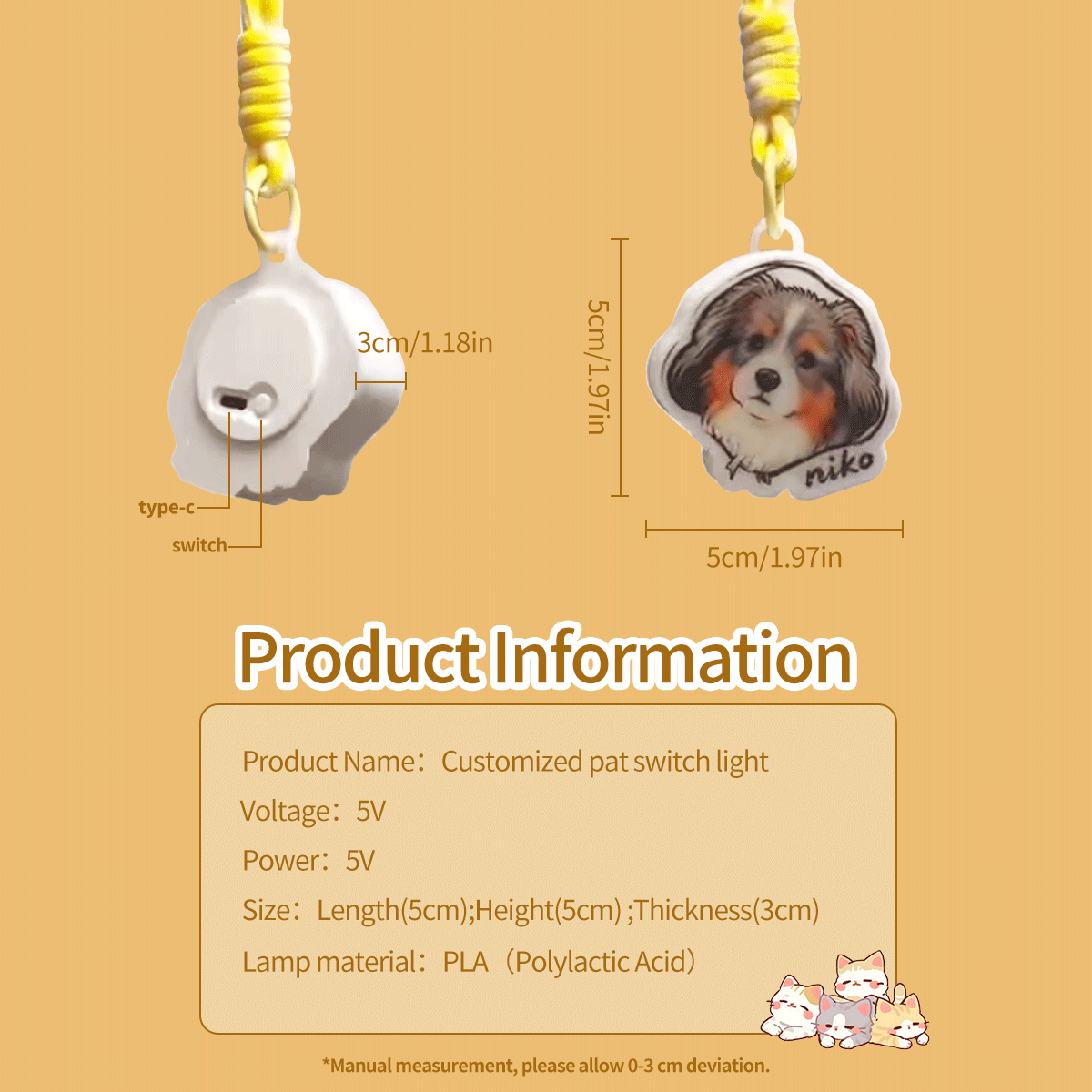 Custom Pet Photo Pat Switch Light, Personalized Dog Cat Keychain Light, USB Rechargeable Tap Pendant Light