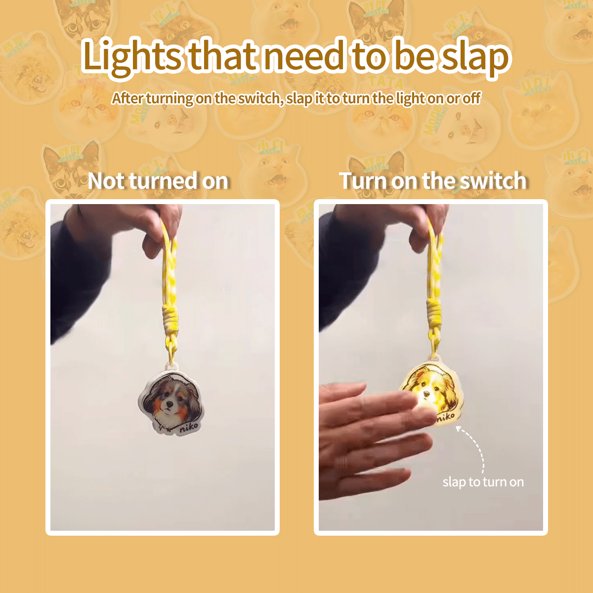 Custom Pet Photo Pat Switch Light, Personalized Dog Cat Keychain Light, USB Rechargeable Tap Pendant Light